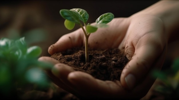 Hands holding a small plant with the word tree on it world nature day concept