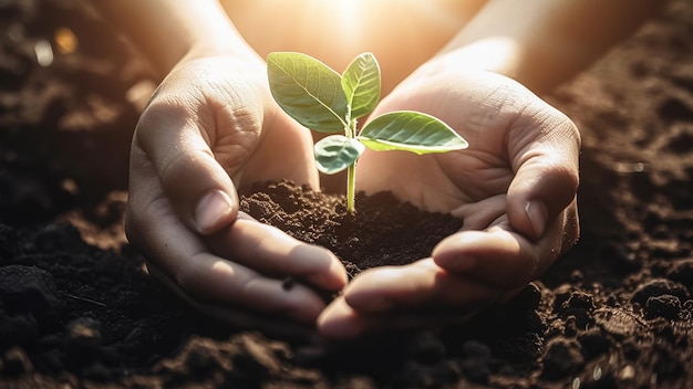 Hands holding a small plant with the word tree on it