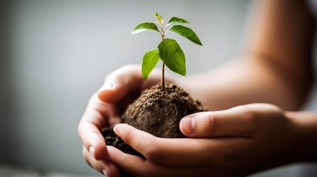 Hands holding a small plant with the word tree on it