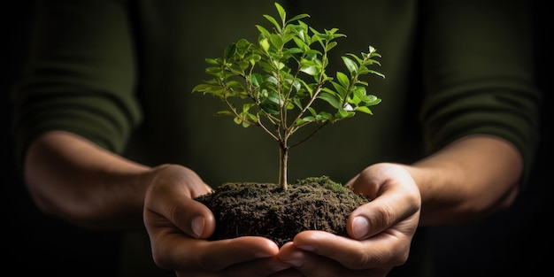 Hands holding small tree with roots symbolising reforestation and sustainability generative ai