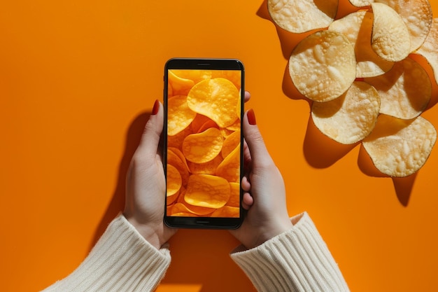 Hands holding a smartphone displaying potato chips with matching background