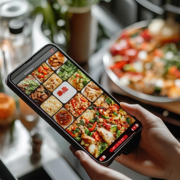 Photo hands holding a smartphone with a food delivery app on the screen