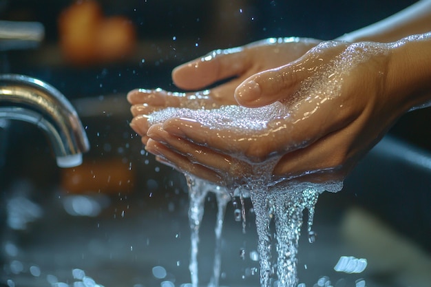 hands holding soap with water dripping from them one of them has the other hand in the water