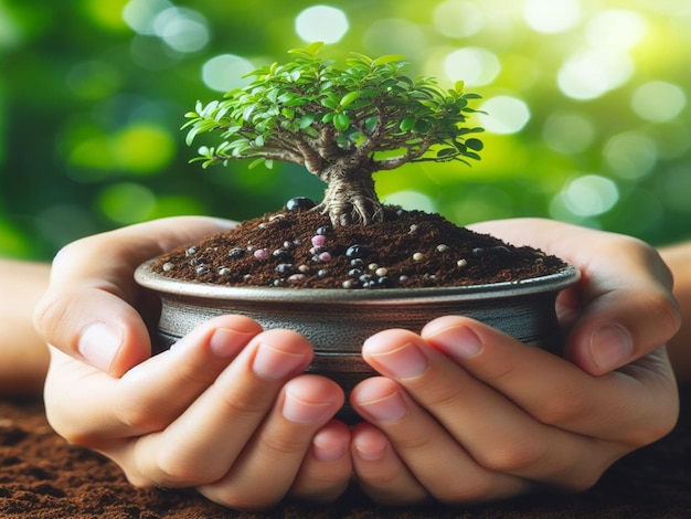 Hands holding soil for planting and bonsai tree