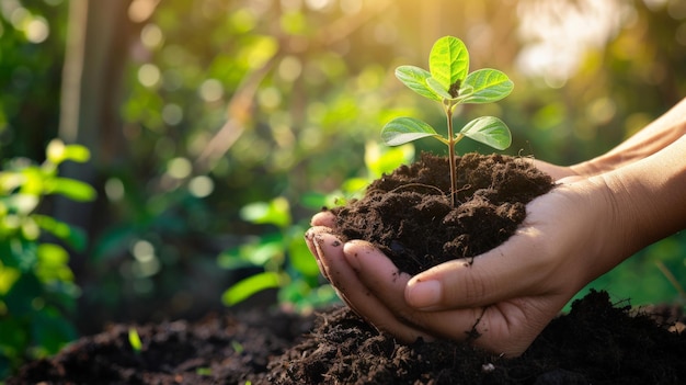 Hands holding soil and young plant green energy concept