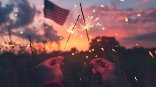 Photo hands holding sparklers with american flag