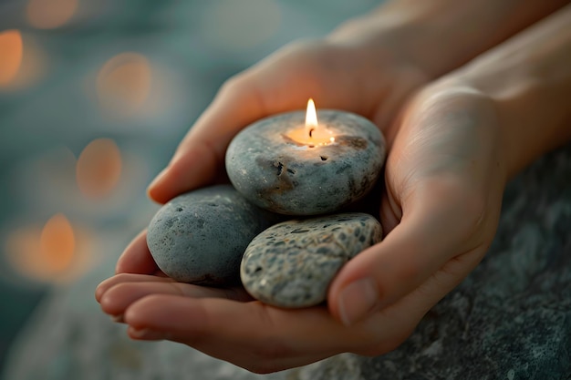 Photo hands holding stones and a burning candle