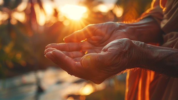 hands holding a sunset with the sun behind them