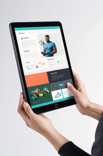 Hands holding tablet with sport webstore mock up on screen isolated Healthy lifestyl Generative AI