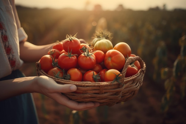 Hands holding tomato basket morning Generate Ai