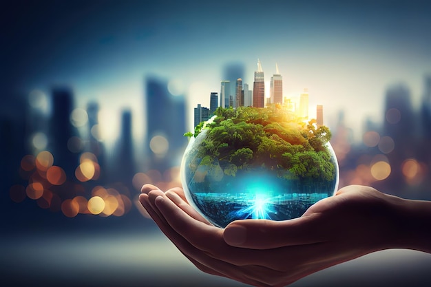 Hands holding tree and earth globe over green and city background Generative Ai