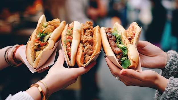 Hands holding a Variation of Mexican Tacos with spicy Salsa and nacho tortilla chips Taco concept