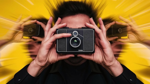 Photo hands holding a vintage black binocular camera set against a bold and vibrant yellow background