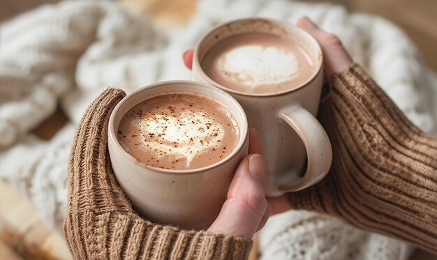 Photo hands holding warm mugs of hot cocoa