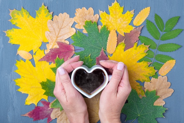 Hands holding a white mug in the shape of a heart with steaming coffee or tea on the background of autumn fallen dry colorful leaves. Autumn blues concept. Autumn depression.