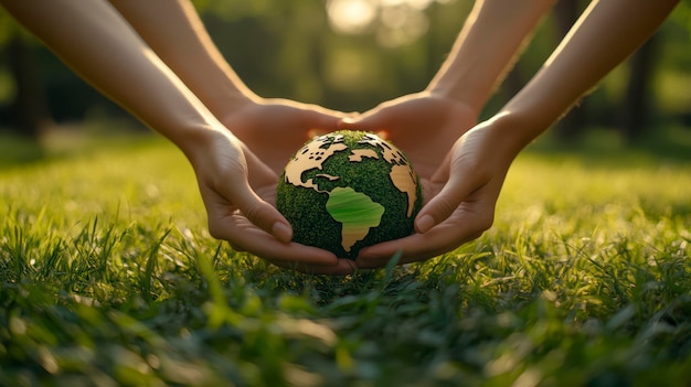 Hands holding a wooden puzzle with the symbol of the Earth The concept of environmental protection and ecology