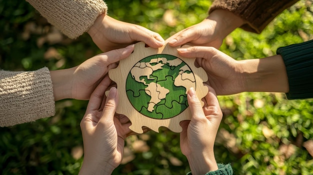 Hands holding a wooden puzzle with the symbol of the Earth The concept of environmental protection and ecology