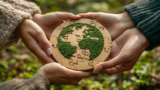 Hands holding a wooden puzzle with the symbol of the Earth The concept of environmental protection and ecology