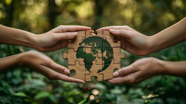 Hands holding a wooden puzzle with the symbol of the Earth The concept of environmental protection and ecology