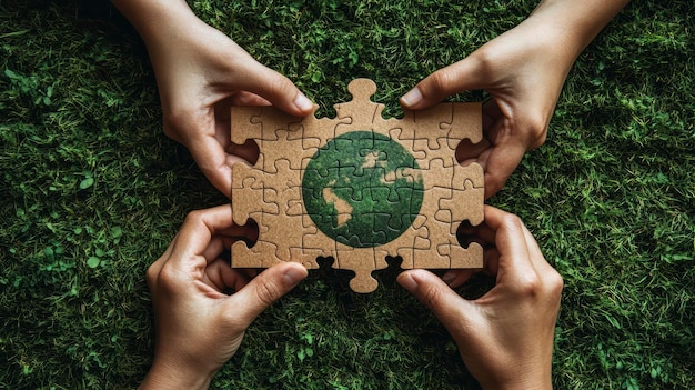 Hands holding a wooden puzzle with the symbol of the Earth The concept of environmental protection and ecology