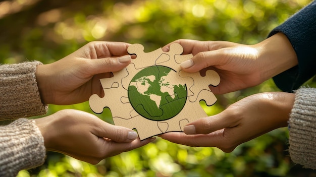 Hands holding a wooden puzzle with the symbol of the Earth The concept of environmental protection and ecology