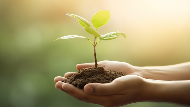 Hands holding young plant in sunshine and green background at sunset Environment conservation