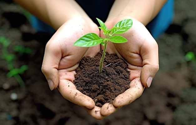 Hands holding young plant with soil over blurred nature background Ecology concept