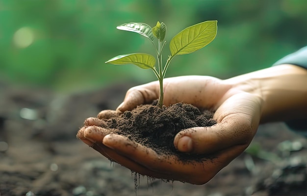 Hands holding young plant with soil over blurred nature background Ecology concept