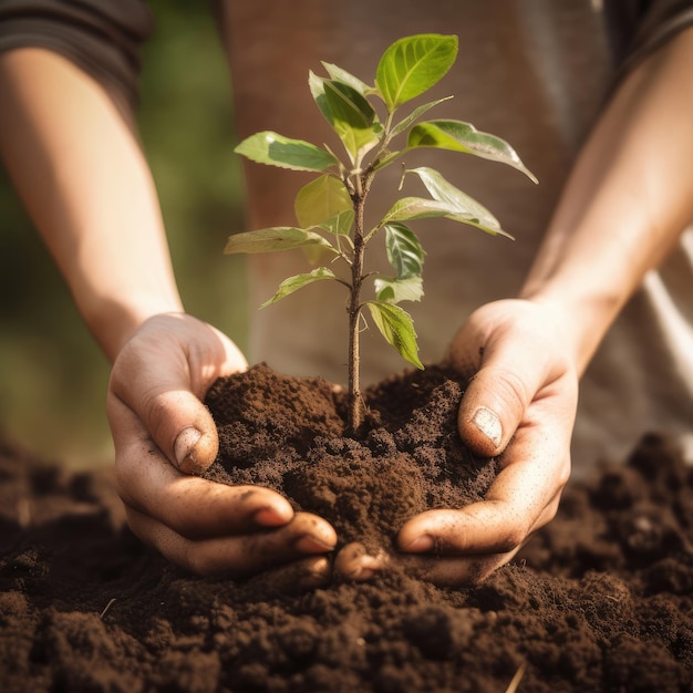 Hands holding young tree on soil background for planting