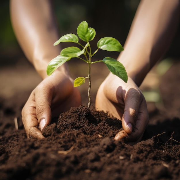 Hands holding young tree on soil background for planting