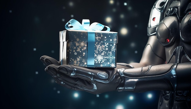 hands of humanoid android cyborg designed by holding gift box decorated with Christmas Banner