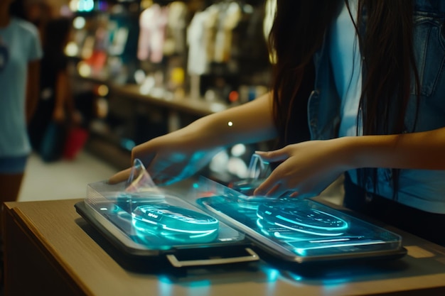 Photo hands interacting with futuristic touch screens in retail store