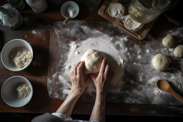 Hands kneading raw dough Generate Ai