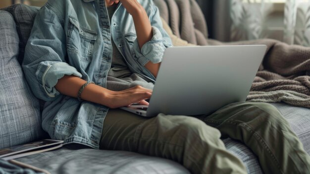 Photo hands in a knitted sweater are typing on a laptop on a bed showing a closeup of a senior adults hands using technology