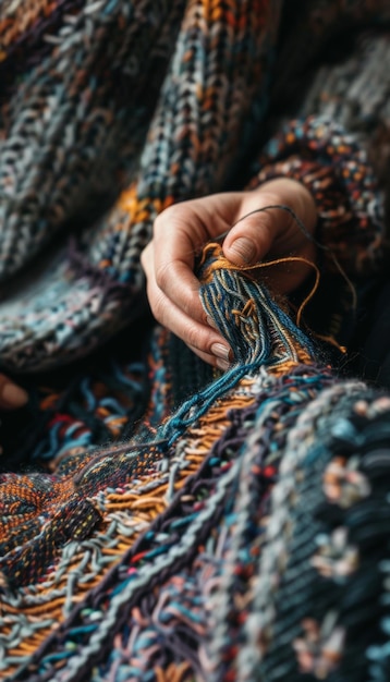 Hands Knitting a Colorful Pattern Showcasing Yarn and Needlework Perfect for Craft and DIY Projects