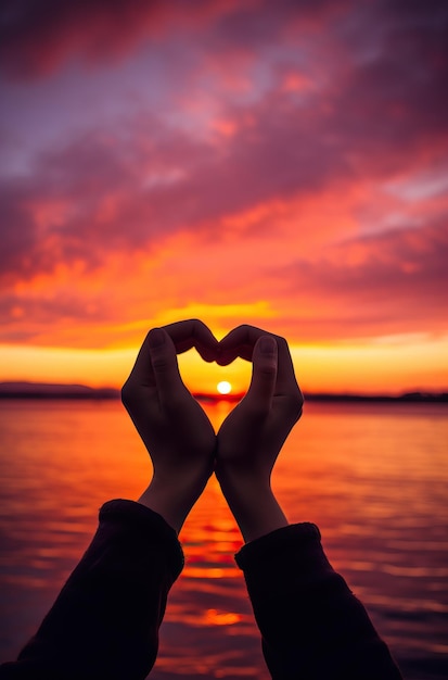 hands make heart shape together as sunset in front of the water in the style of tokina atx 1116m