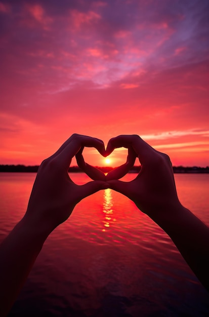 hands make heart shape together as sunset in front of the water in the style of tokina atx 1116m