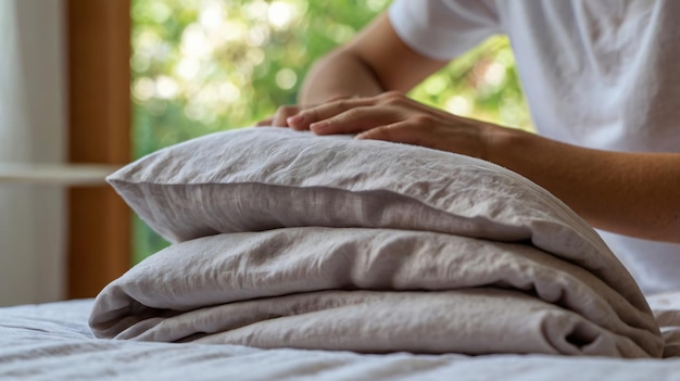 Photo hands making bed from hotel room service labor day concept