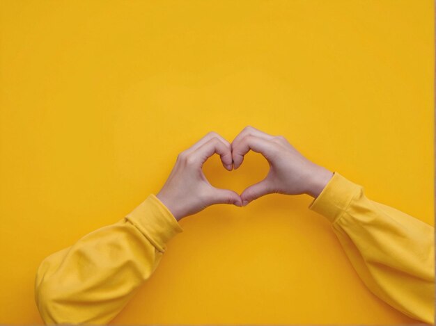 Photo hands_making_heart_shape_isolated_on_a_yellow_backgrou_hd 8k wallpaper stock photographic image