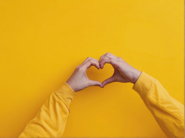 Photo hands_making_heart_shape_isolated_on_a_yellow_backgrou_hd 8k wallpaper stock photographic image