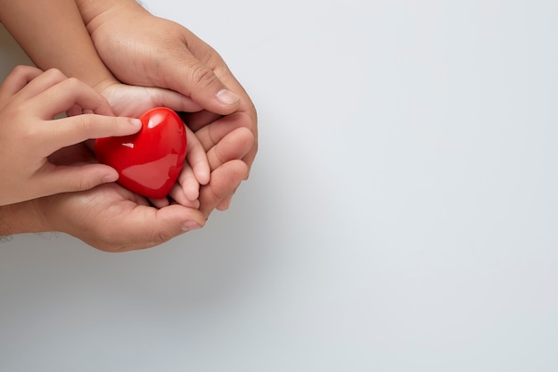 Hands of man and child with a red heart on white wall