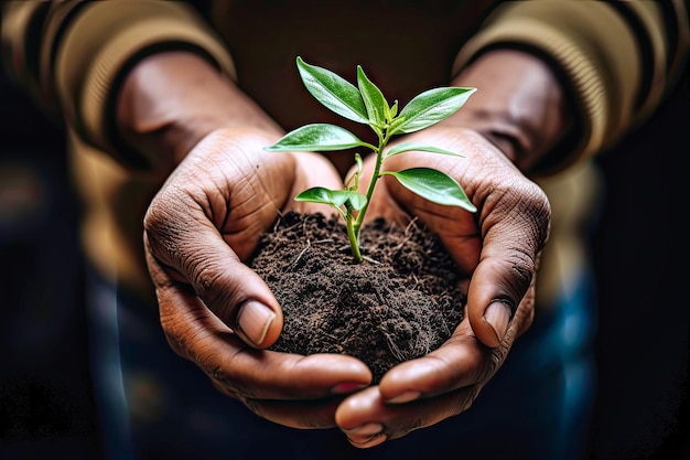 hands of a man holding earth with a small sprout