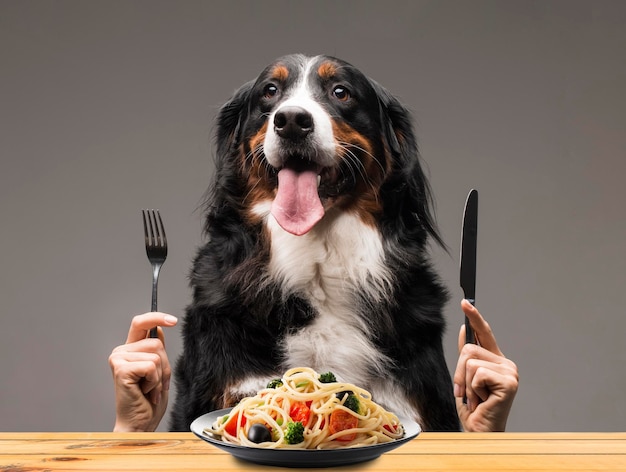 Hands of a man holding a fork and a knife next to a dog on a gray background