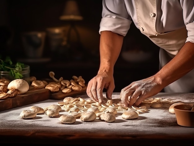 hands of a man who is preparing mushrooms for cooking in the kitchen generated ai