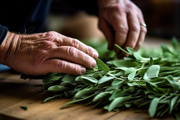 hands of a man with a green leaf that says " hand - on it ".