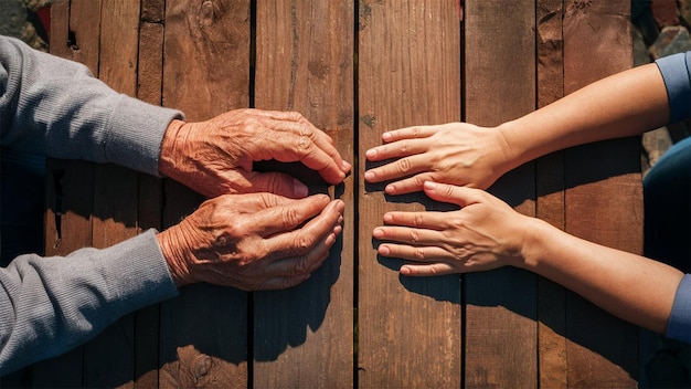 Photo hands of a man and woman touching a wooden fence