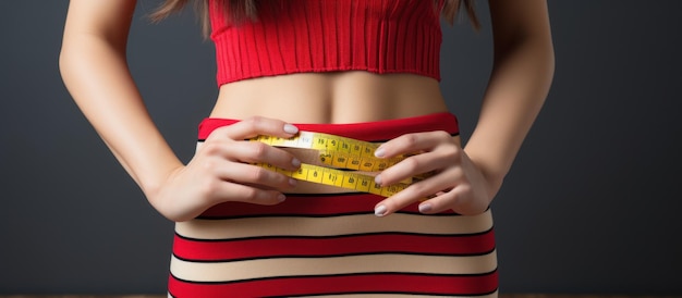 hands measuring waist with a tape Fit and healthy woman on white background