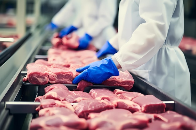 Hands of a meat factory worker gathering packed meat on a conveyor belt