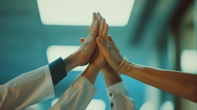 Photo hands of a medical team united in a highfive showcasing teamwork and success in a healthcare setting