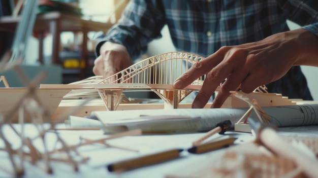 Hands meticulously crafting a wooden bridge model a testament to detailed engineering